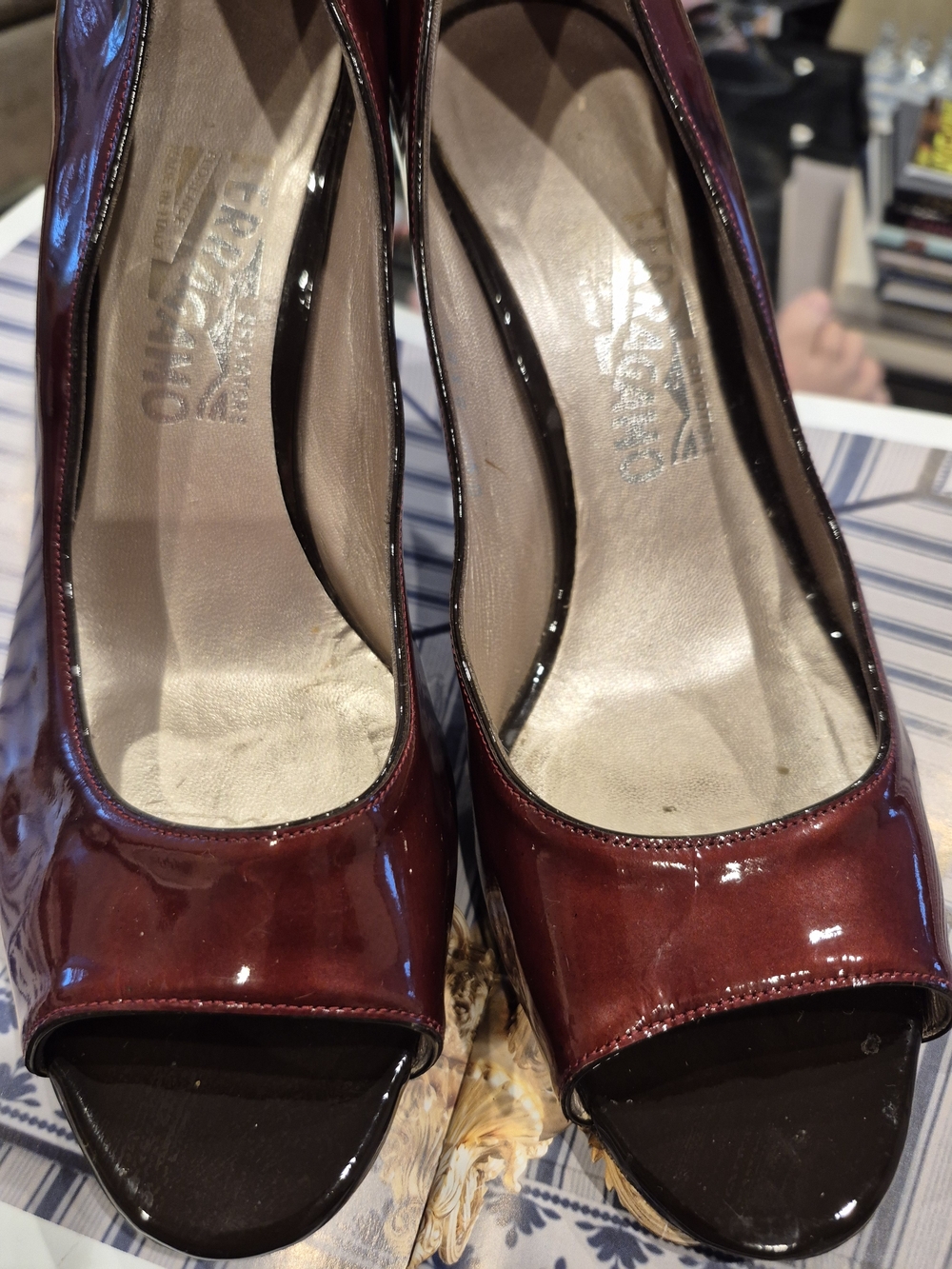 Salvatore Ferragamo Women's Burgundy Patent Peep-Toe Pumps - Picture 7 of 12